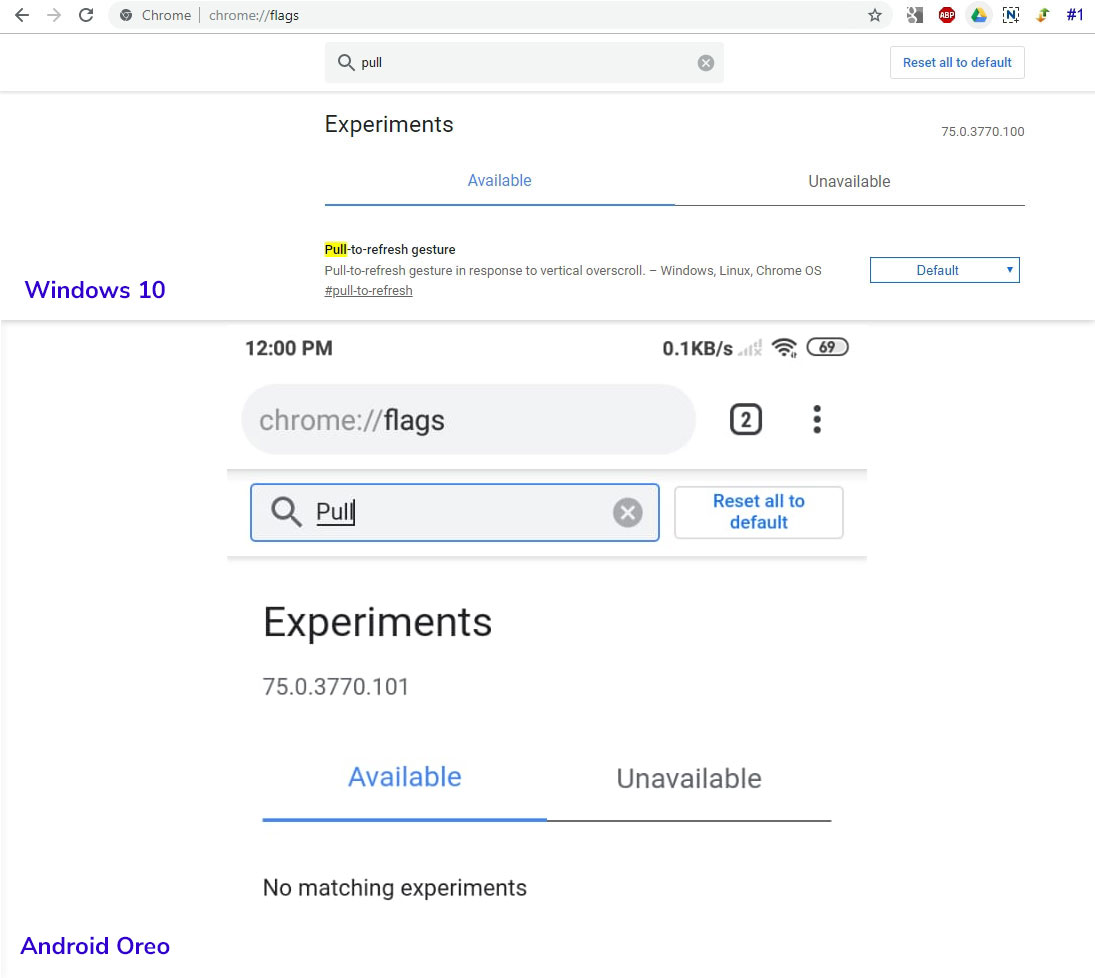 Chrome Pull-to-refresh Flag on build 75.0.3770.100